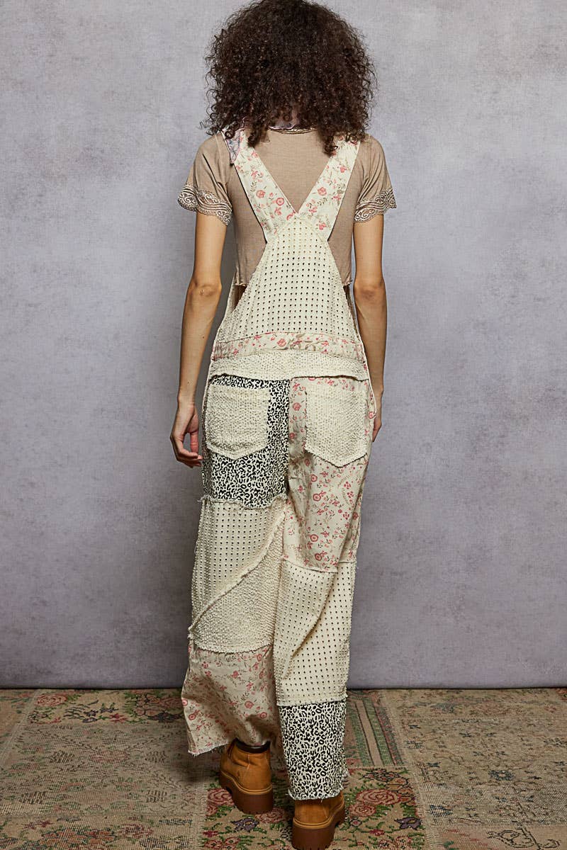 Overalls Animal/Floral Printed Frayed Edge Twill Woven overalls: DENIM S - L