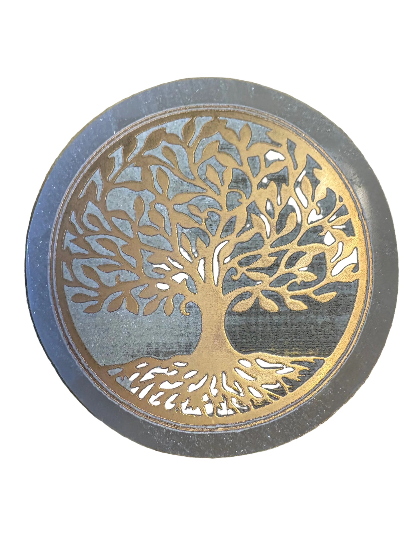 Selenite Gold Etching Tree of Life Round  3"