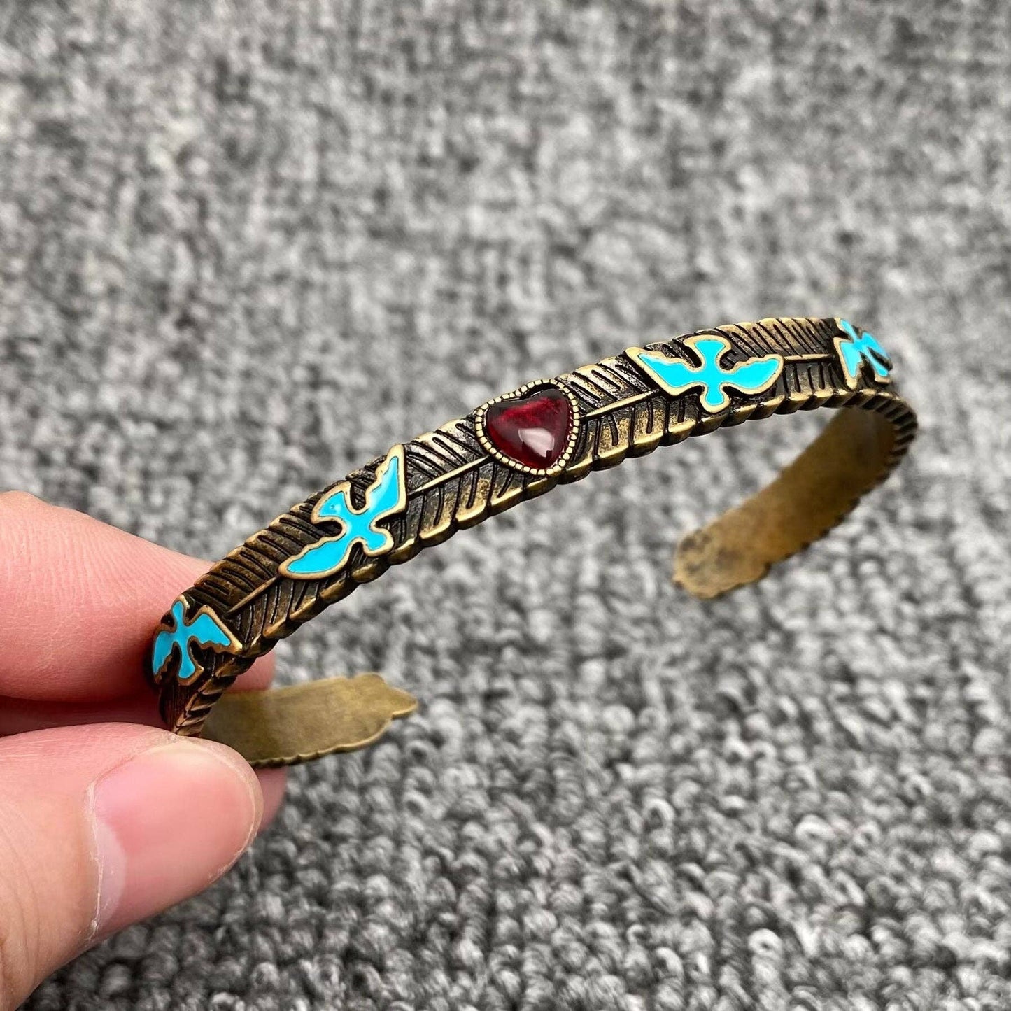 Vintage Red Heart Enamel Bird Bronze Adjustable Cuff