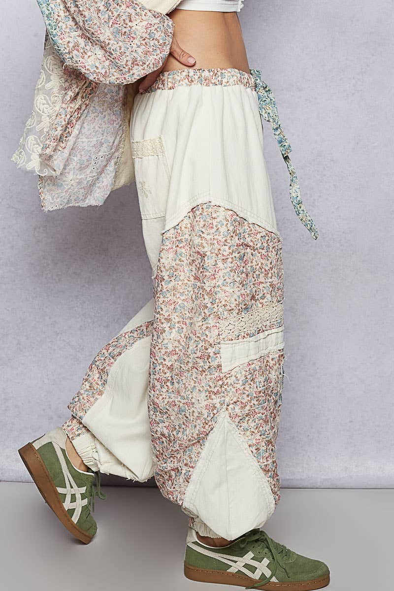 Floral print patchwork twill woven jogger pants