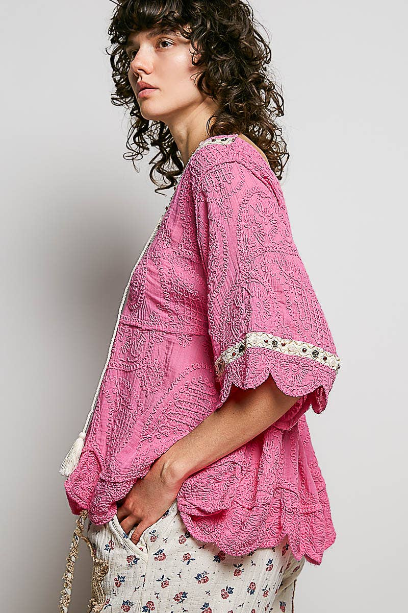 Short Sleeve Adjustable Drawstring Crochet V Neck Top