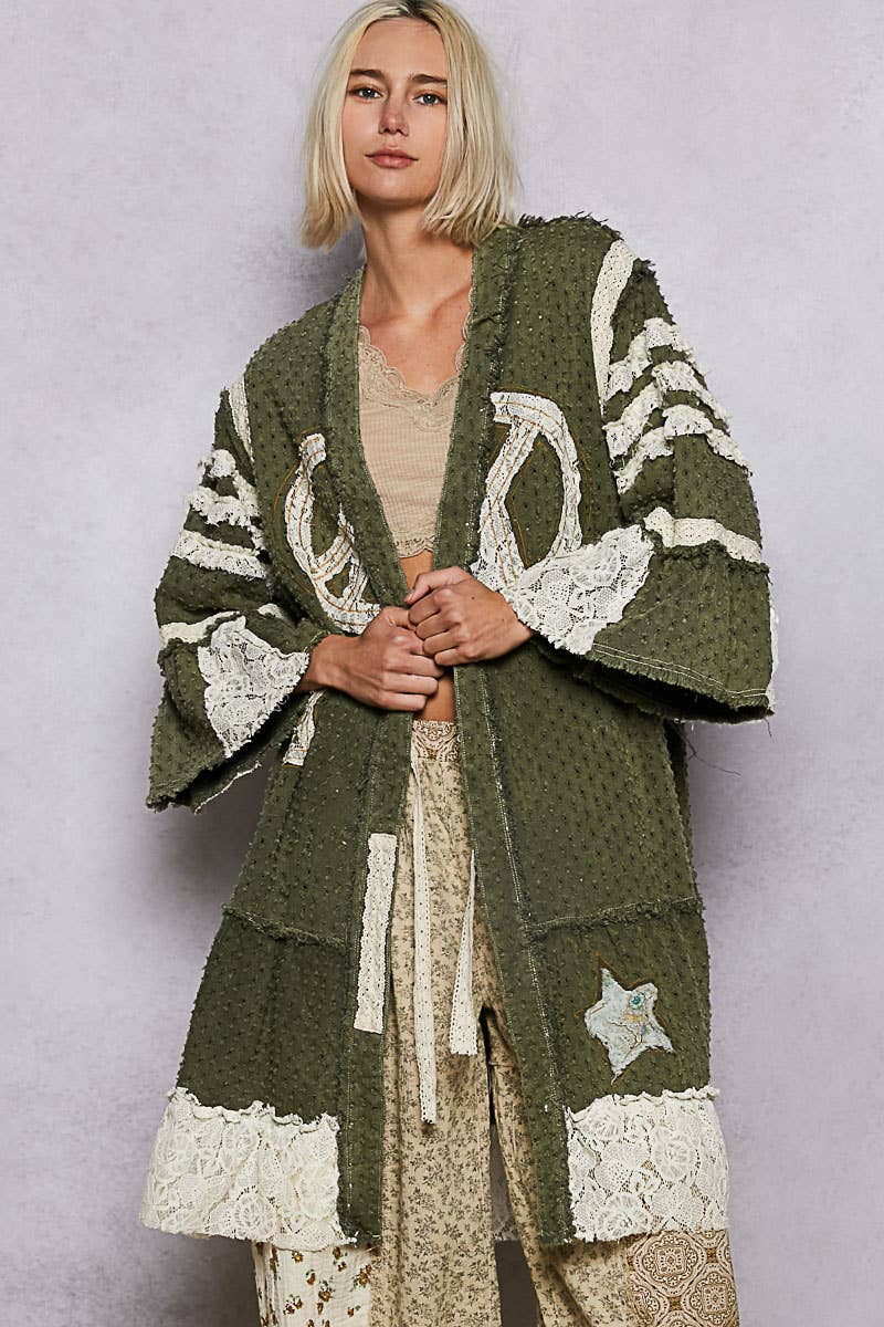 Vintage solid peace patch long cardigan woven top: Black