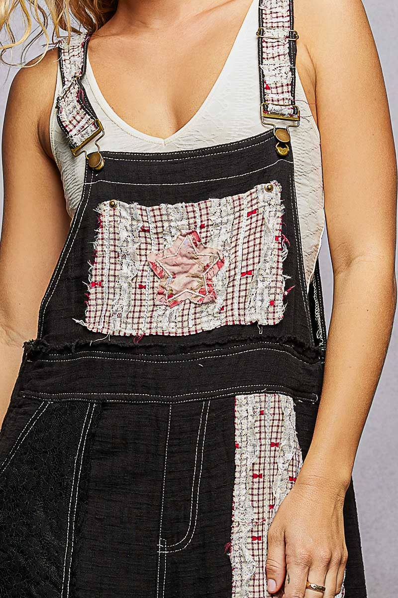 Double Gauze Lace Contrast Side Zipper Patchwork Overalls