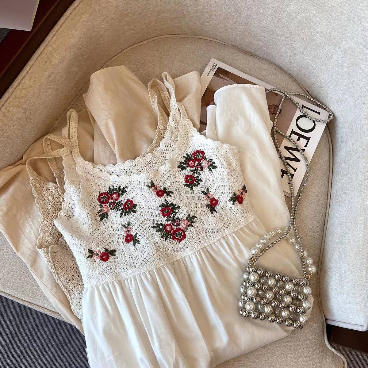 Crosa - Crochet Lace Spaghetti Strap Dress: WHITE / AVERAGE