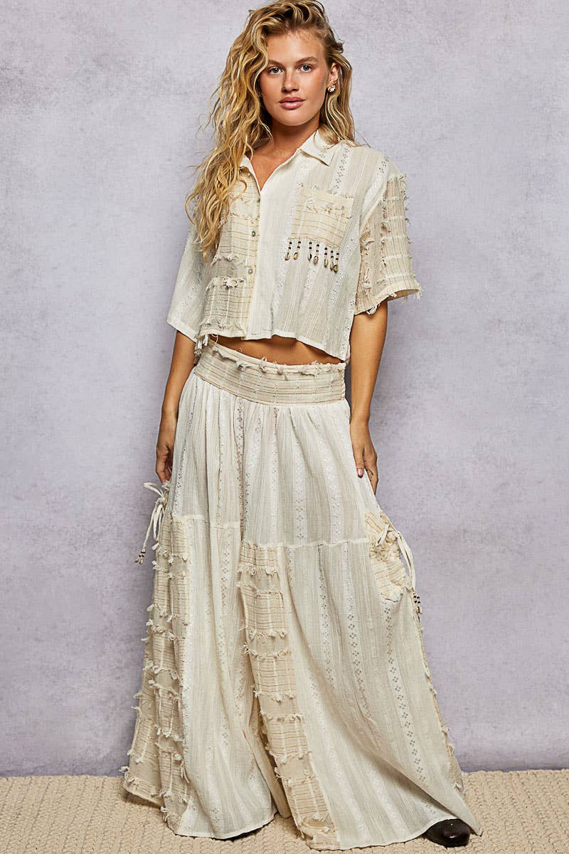 Boho Woven Texture Fringe Shell Beads Short Shirt Top