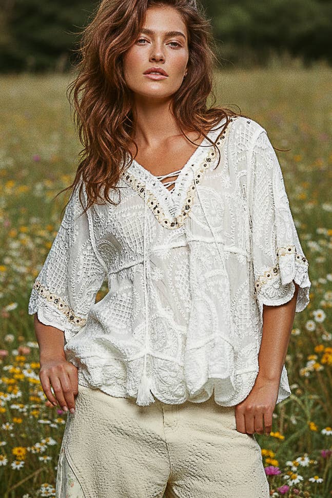 Short Sleeve Adjustable Drawstring Crochet V Neck Top