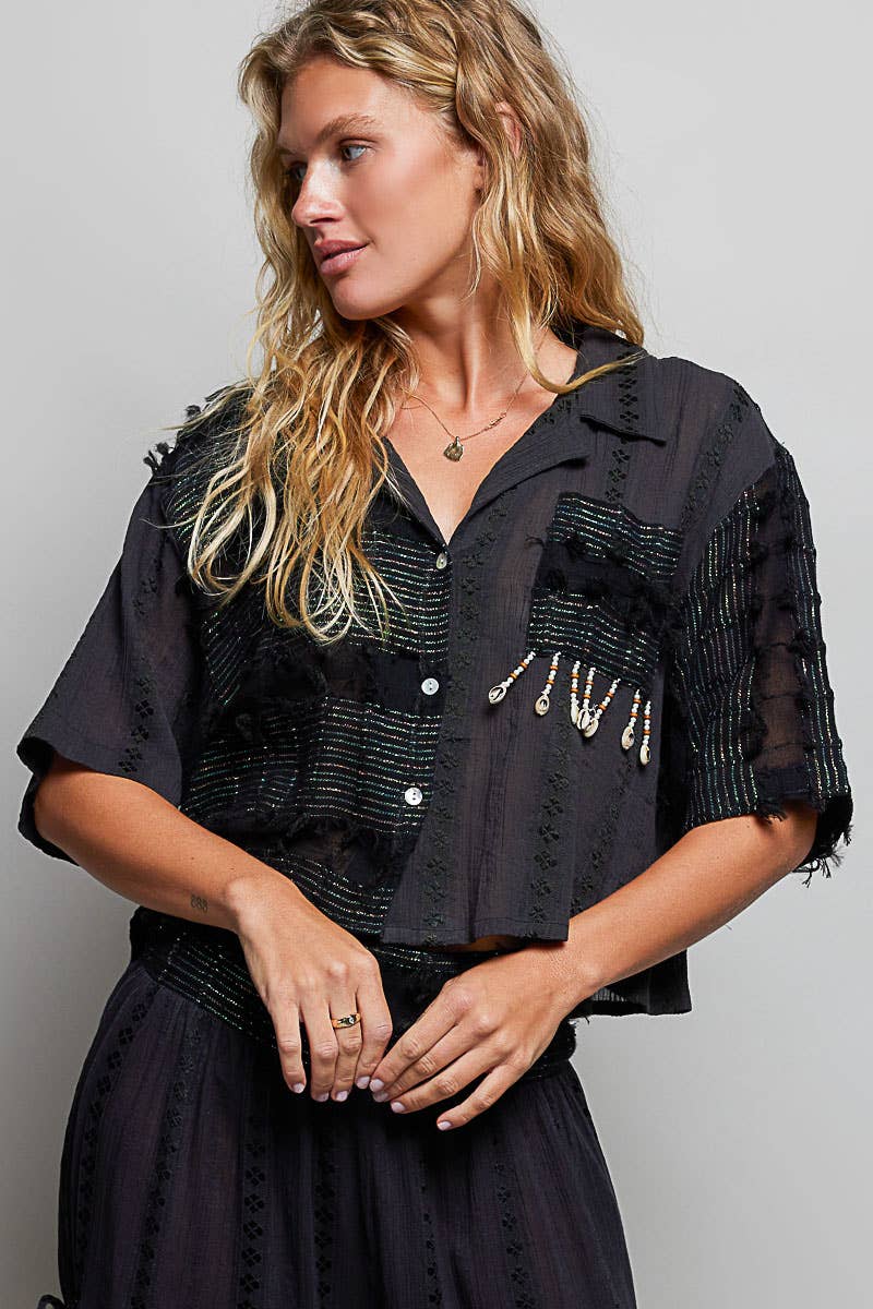 Boho Woven Texture Fringe Shell Beads Short Shirt Top