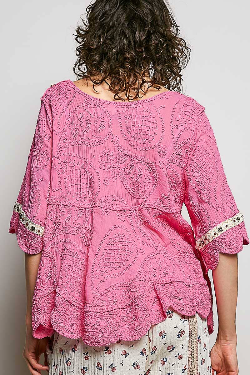 Short Sleeve Adjustable Drawstring Crochet V Neck Top