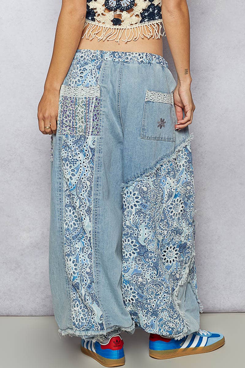 Floral print patchwork twill woven jogger pants