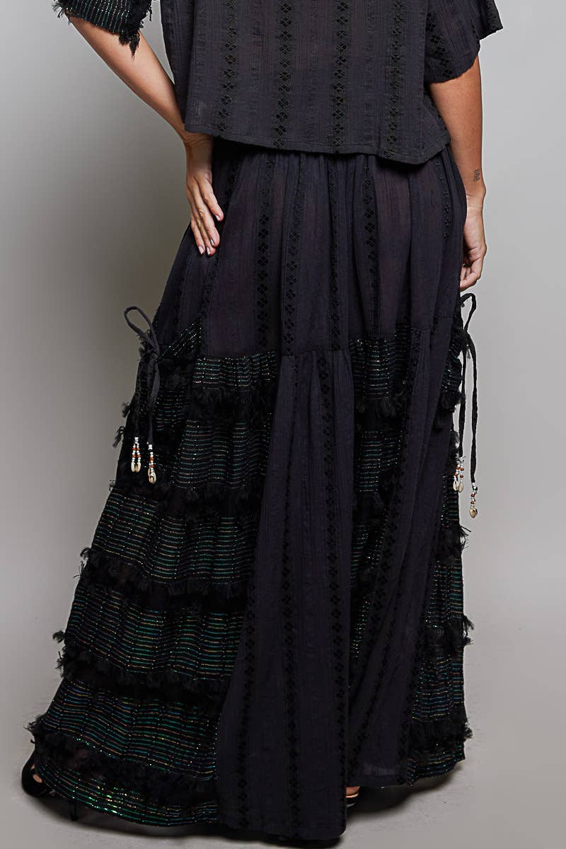 Boho Ruffle Contrast Shell Trim Wide Leg Pants