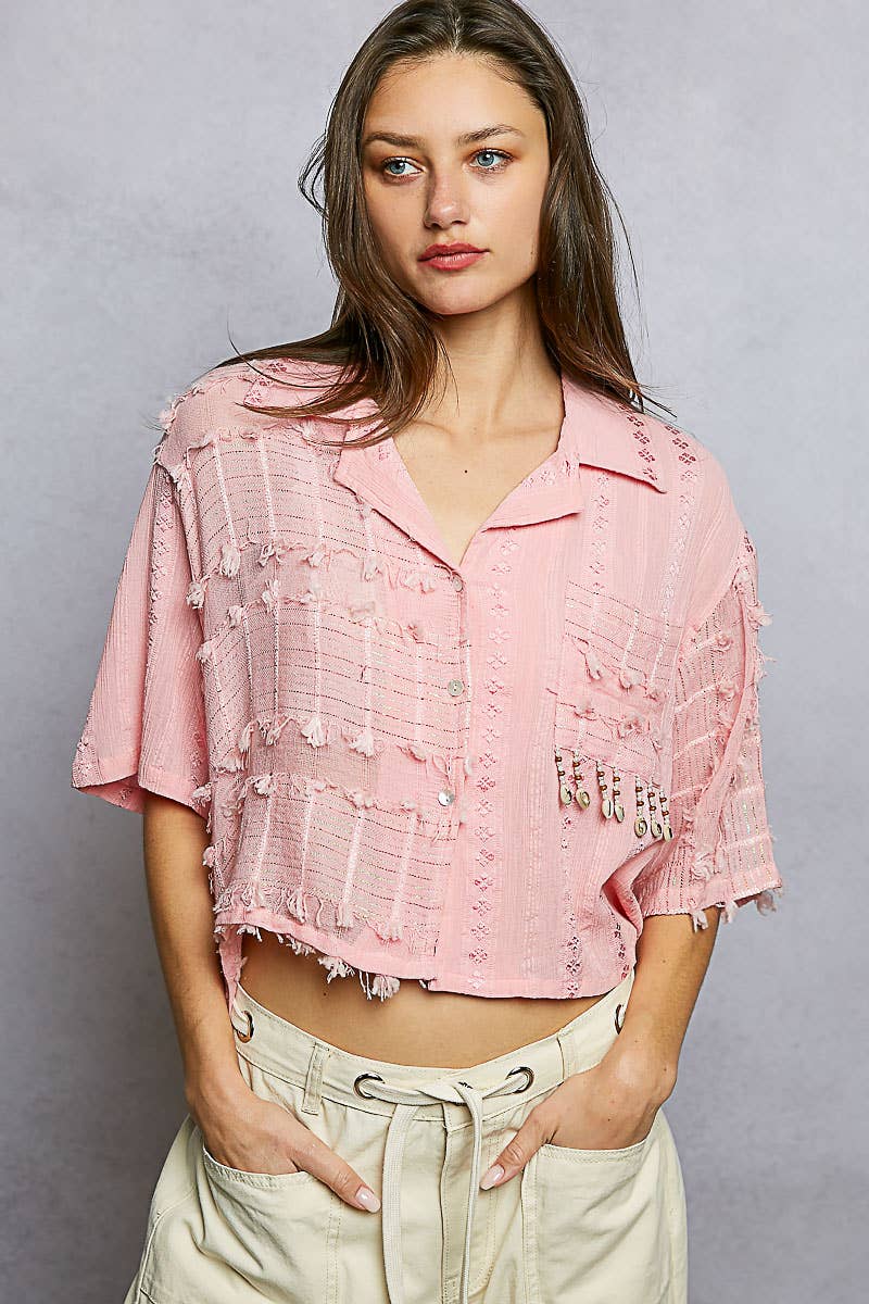 Boho Woven Texture Fringe Shell Beads Short Shirt Top