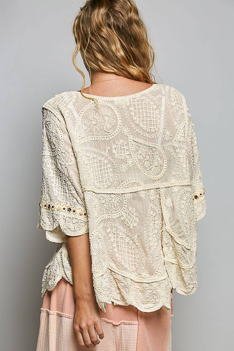 Short Sleeve Adjustable Drawstring Crochet V Neck Top