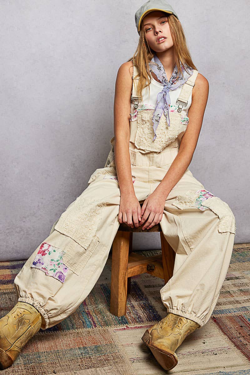 Printed Lace Patch Trim Strap Relaxed Fit Jogger Overall