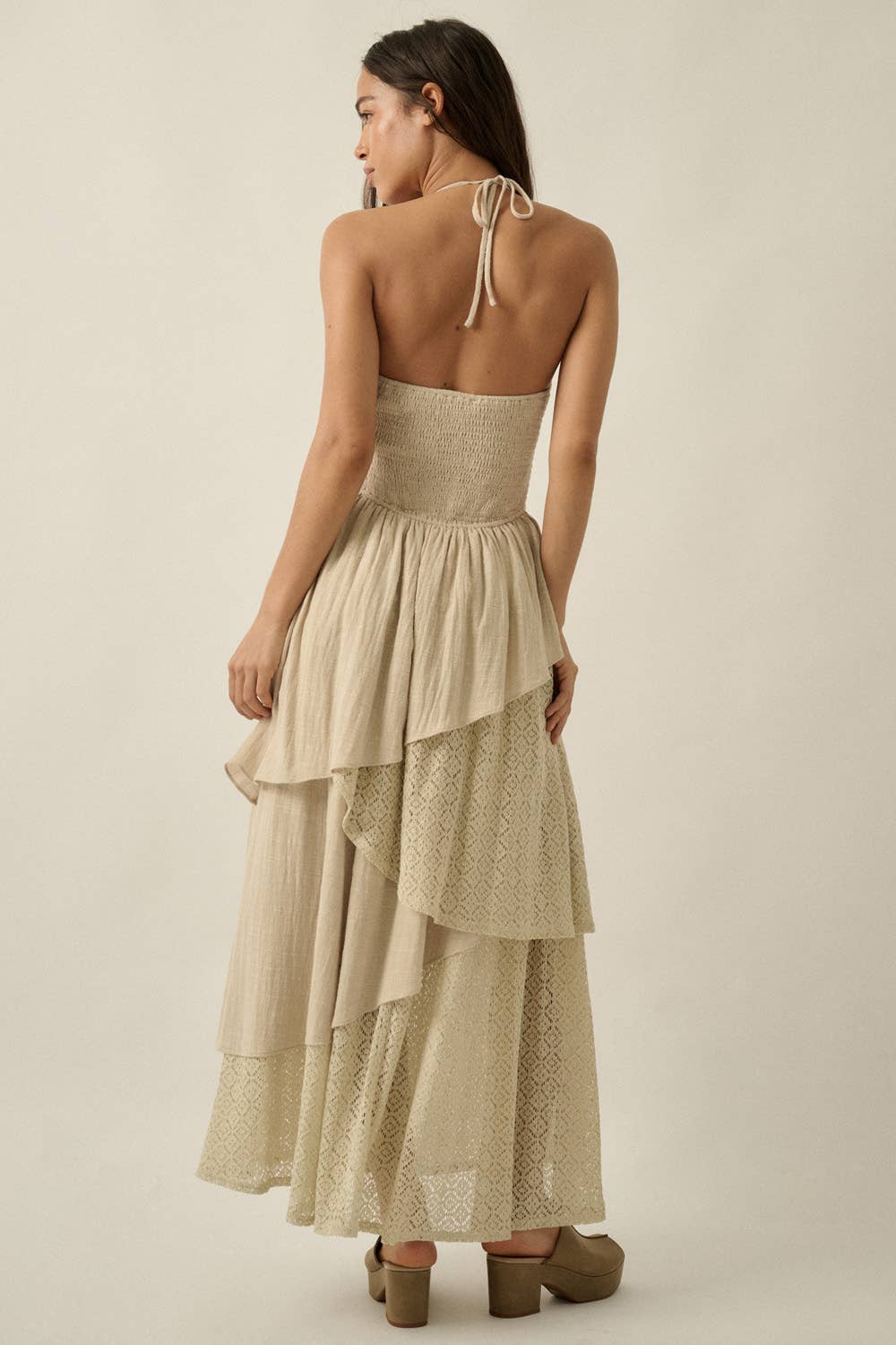 Cotton Gauze and Lace Asymmetrical Tiered Halter Maxi Dress