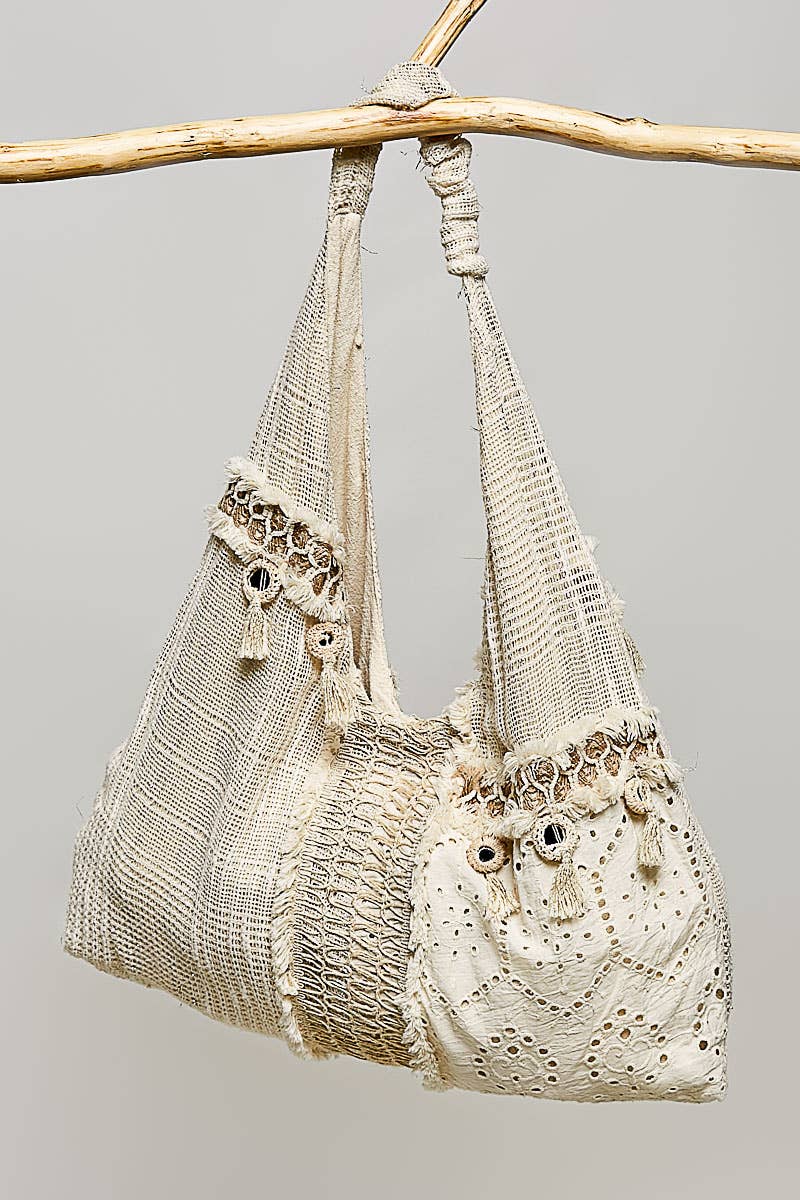 Mirror Dangle Tassel Lace Patched Hobo Bag