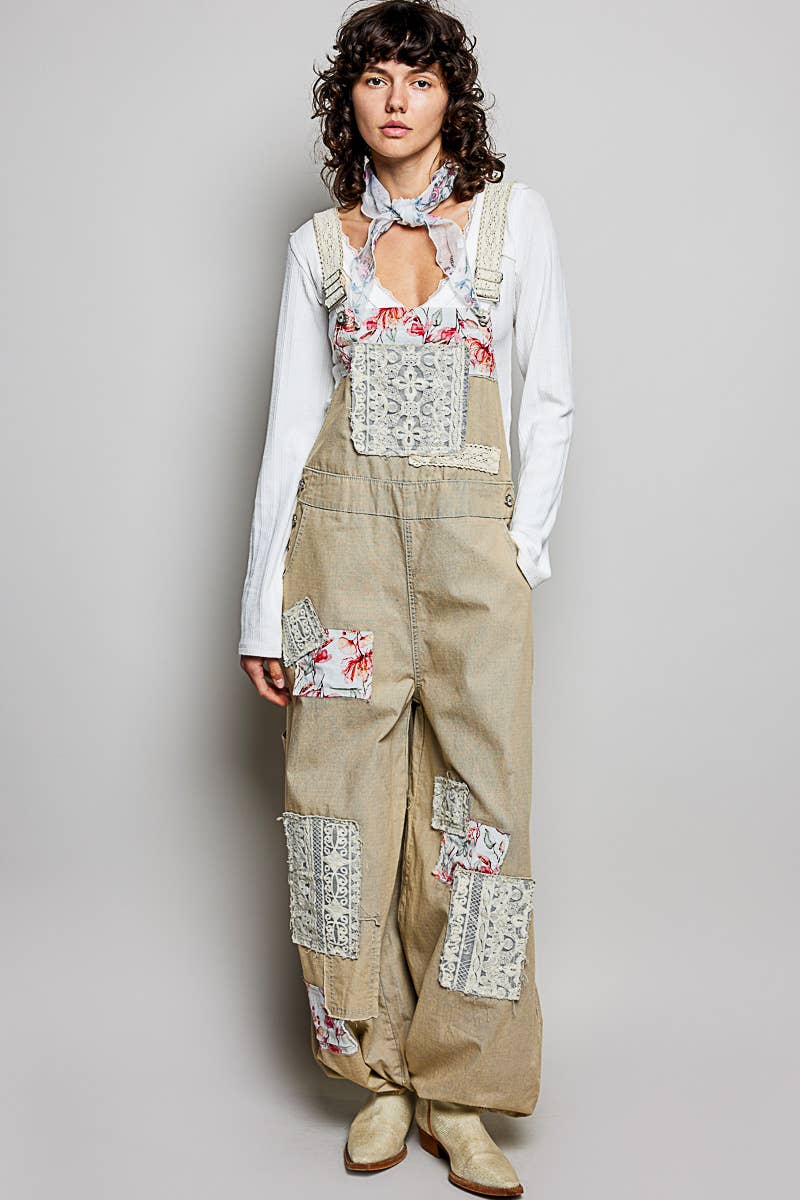 Printed Lace Patch Trim Strap Relaxed Fit Jogger Overall