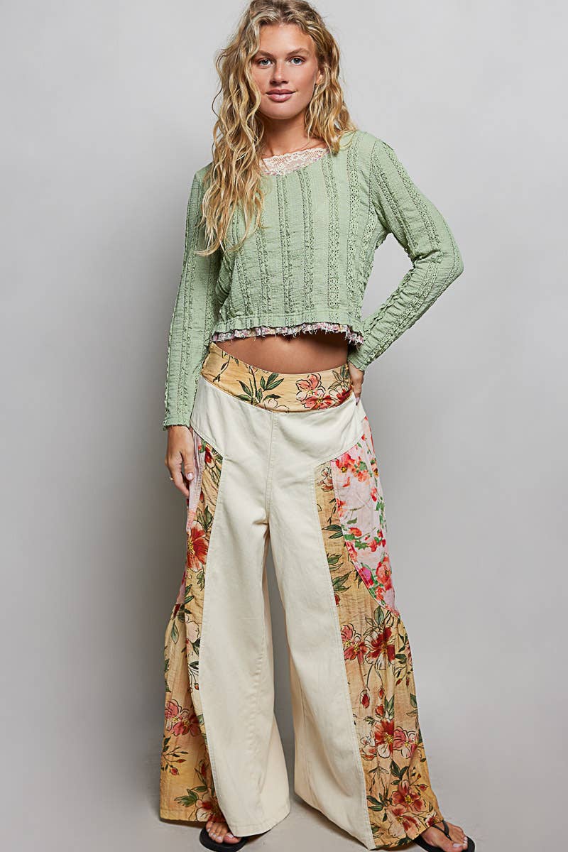 Vintage Washing Floral High Rise Wide Leg Twill Pants