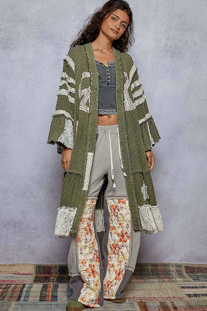 Vintage solid peace patch long cardigan woven top: Black