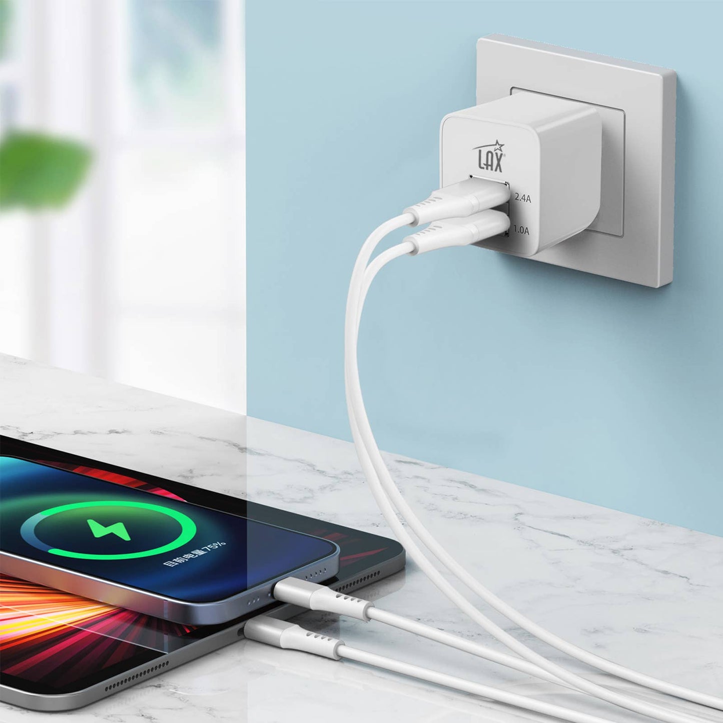 LAX Fast Charging 2 Port USB Wall Charger Retail Pack: White