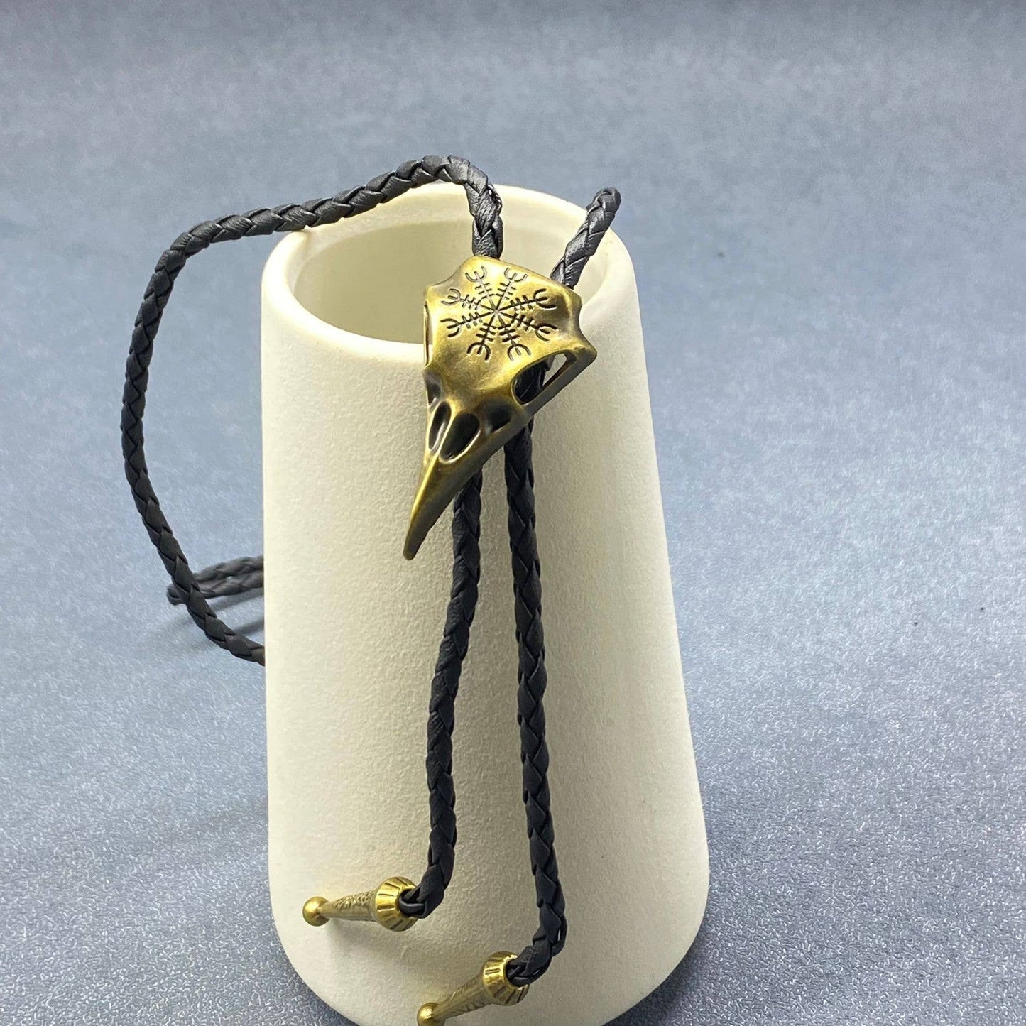 Viking Crow Skull Charm Artificial Leather Poirot Rope Bolo Necklace