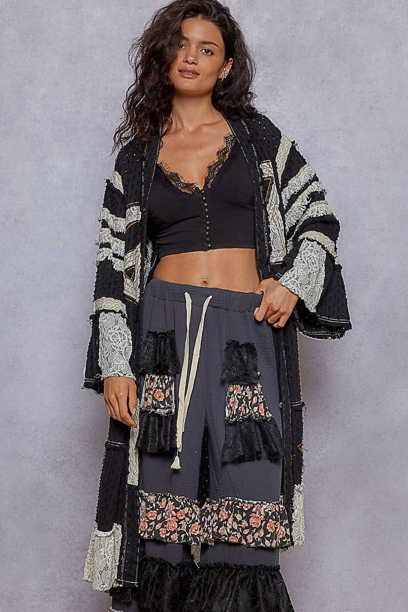 Vintage solid peace patch long cardigan woven top: Black