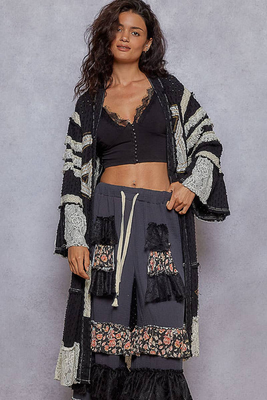 Vintage solid peace patch long cardigan woven top: Black