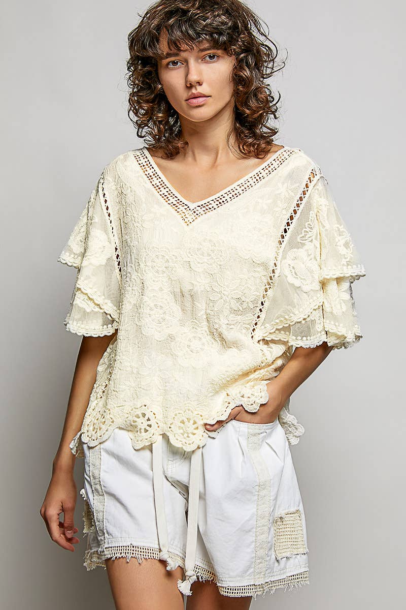 V-neck Short Sleeve Crochet Trim Solid Top