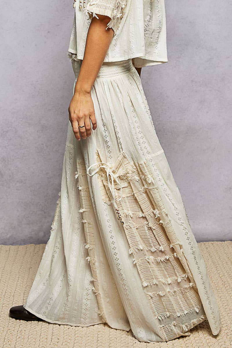 Boho Ruffle Contrast Shell Trim Wide Leg Pants