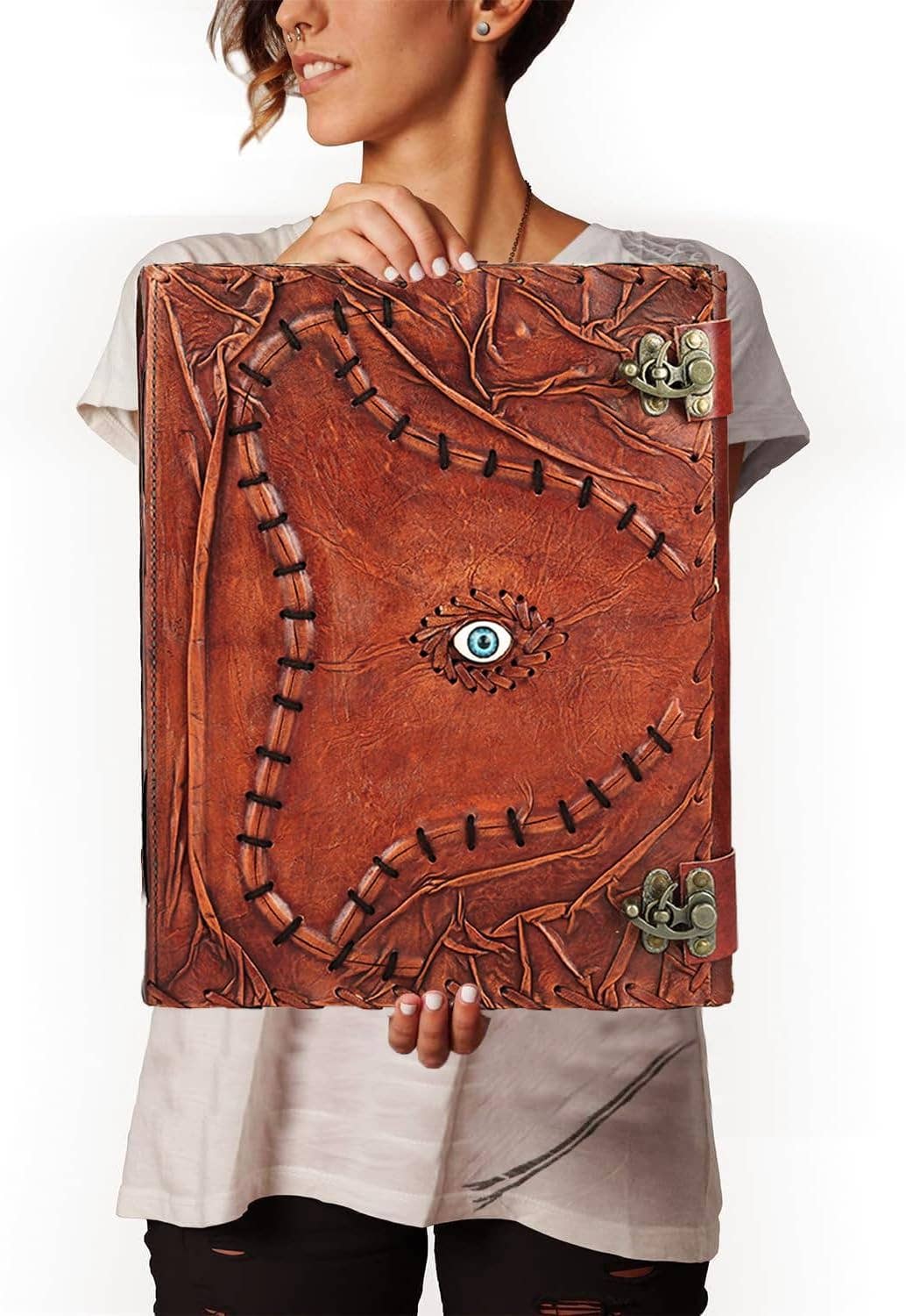 TUZECH Cutomizable Hocus Pocus Book of Spells Leather Journal Third Eye Deckle Edge Paper Grimoire Journal Vintage Book of Shadows Seven Chakra Antique Spell Book Lock Clasp Notebook Witch