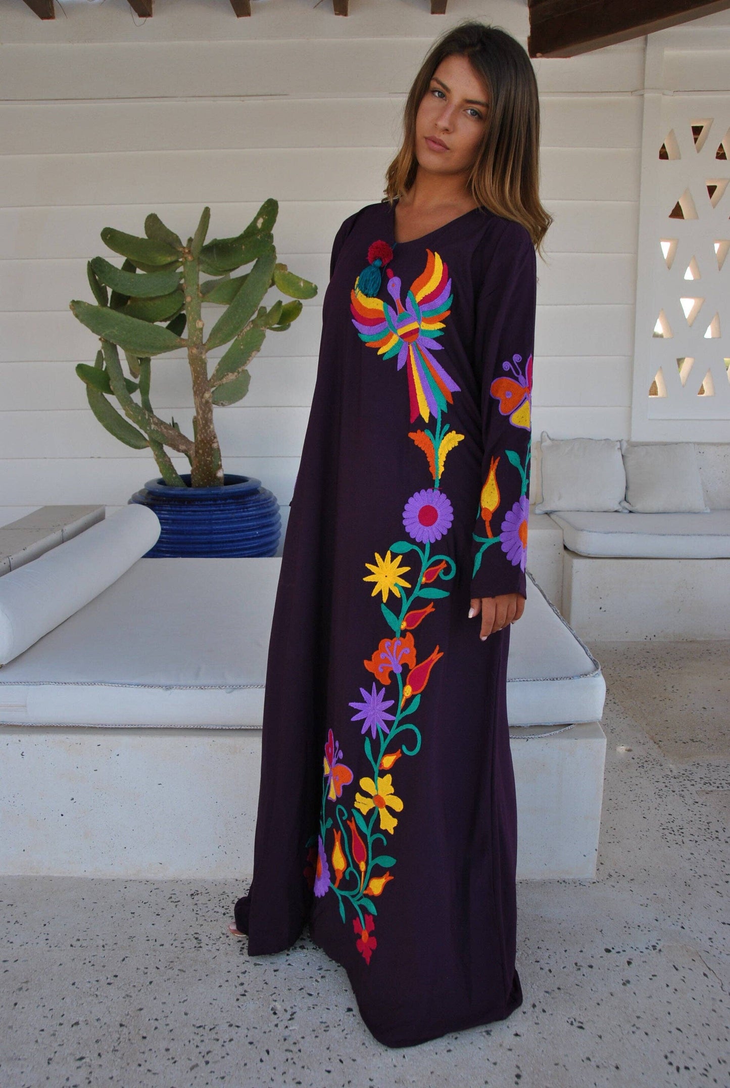 Purple peacock embroidered Caftan, caftans for women, embroidered Caftan dress, Caftan maxi dress, Caftans for women, cotton Caftans: M