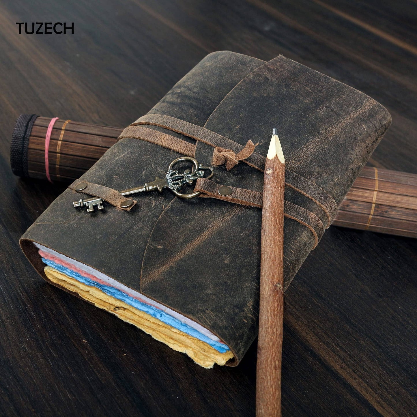 Tuzech Leather Journal for Women Men Gift With Deckle Edge Paper , Leather Scrapbook, Book of Shadows, Vintage Journal, Old Books, Grimoire, Antique Drawing Sketchbook Colourful Paper 7 by 5 Inches
