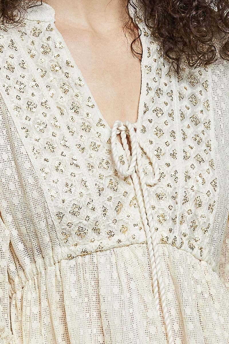 Split Embroidery Tassel Detail V-Neck Flared Short Dress