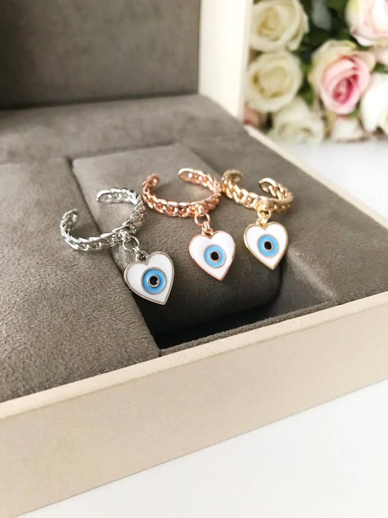 Evil Eye Adjustable Ring Fish or Heart Charm