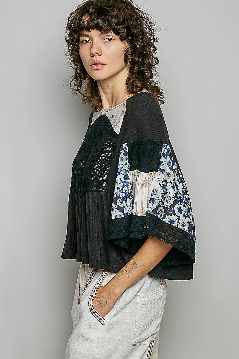 Rib Floral Pattern Round Neck Short Sleeve Top
