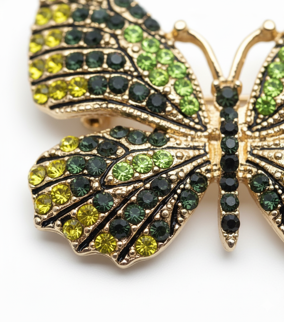 Green & Yellow Butterfly Brooch – Elegant Rhinestone Pin
