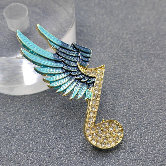 Enamel Wing Rhinestone Musical Note Brooch