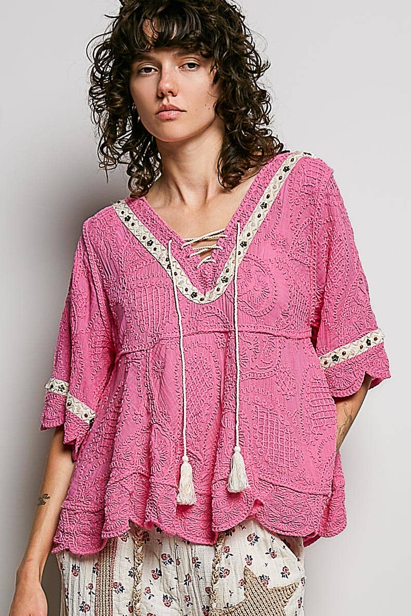 Short Sleeve Adjustable Drawstring Crochet V Neck Top