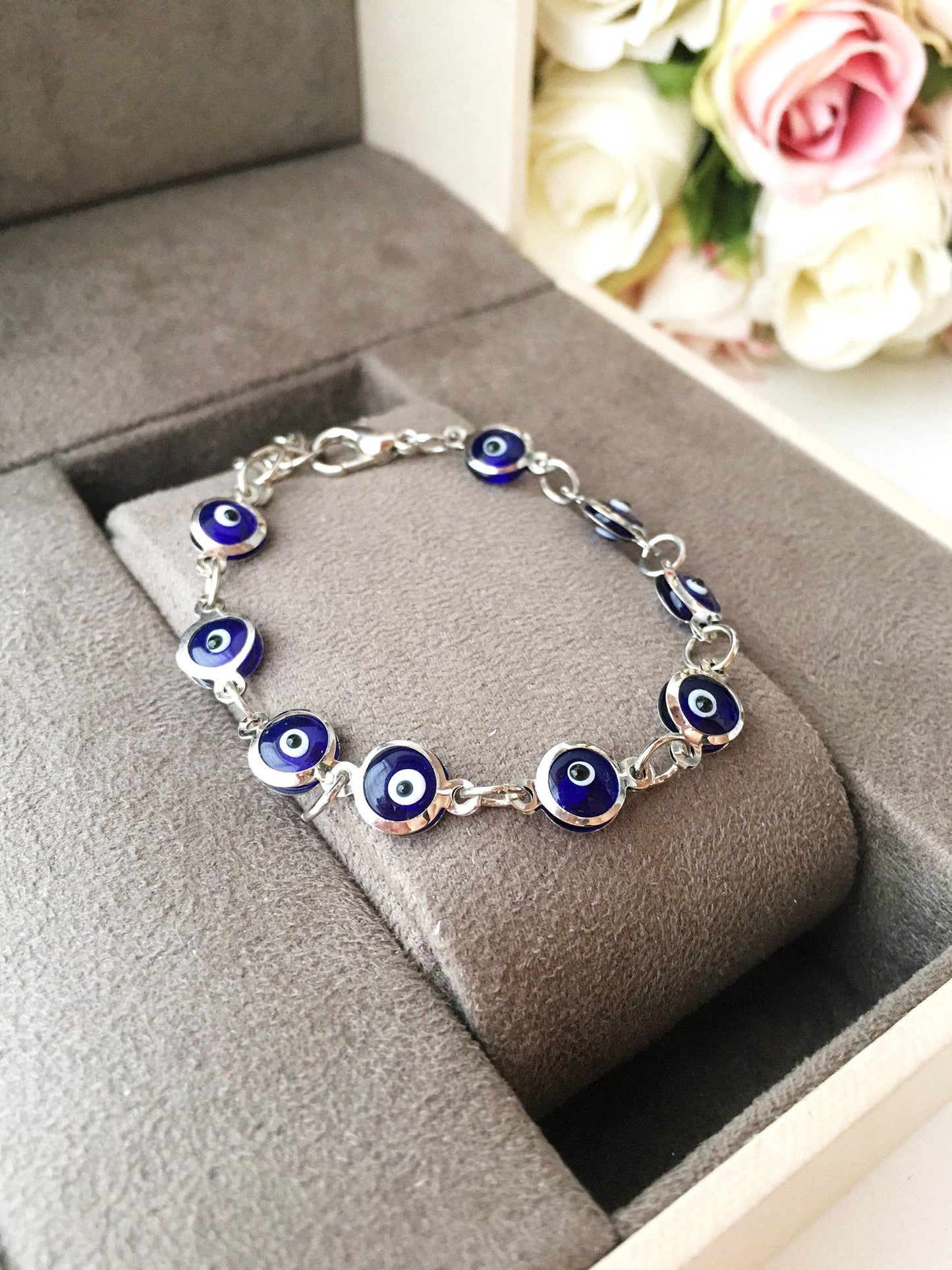 Silver Chain Bracelet, Glass Evil Eye Charm Bracelet, Greek Jewelry