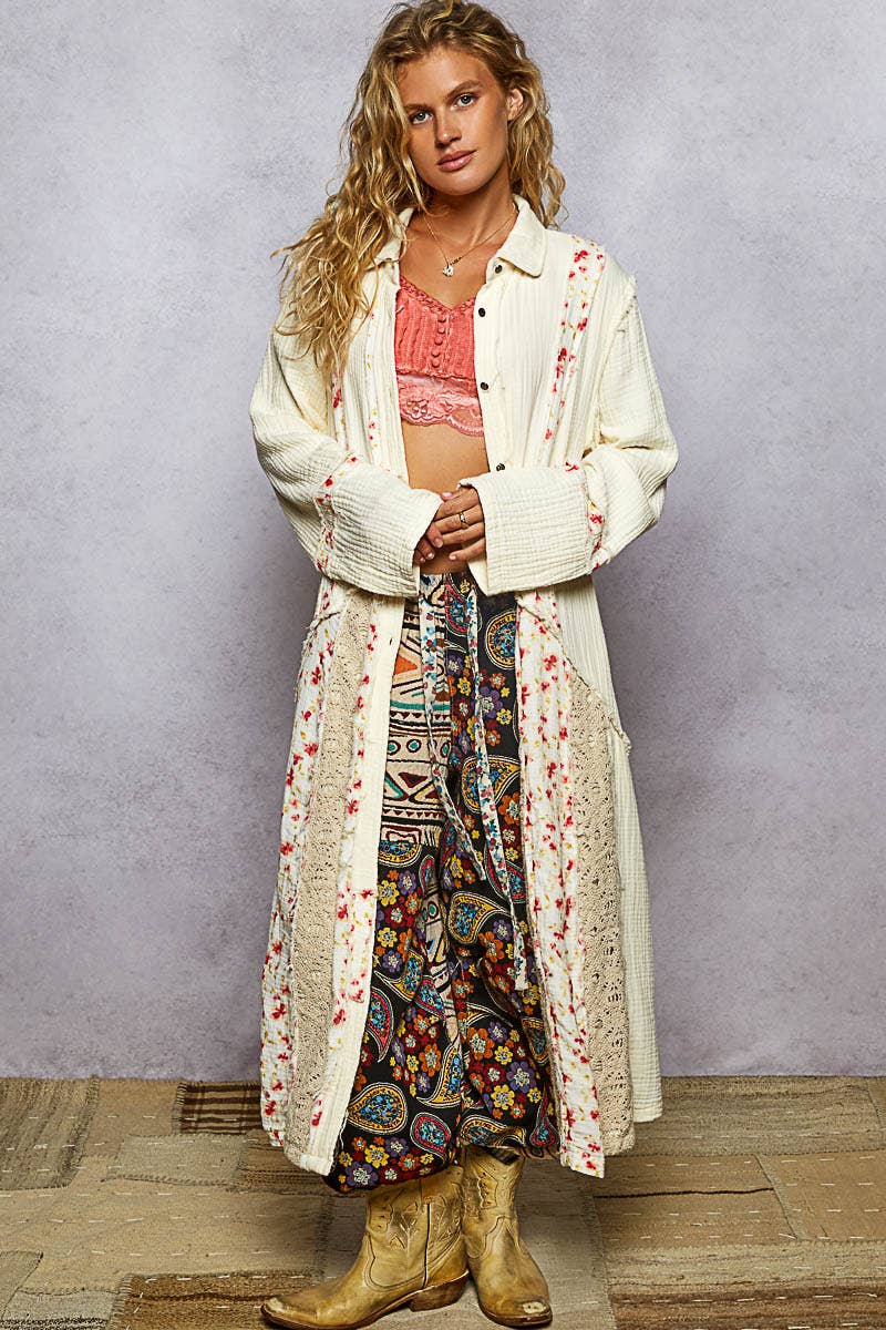 Long Sleeve Double Gauze Floral Patch Woven Long Jacket: NATURAL