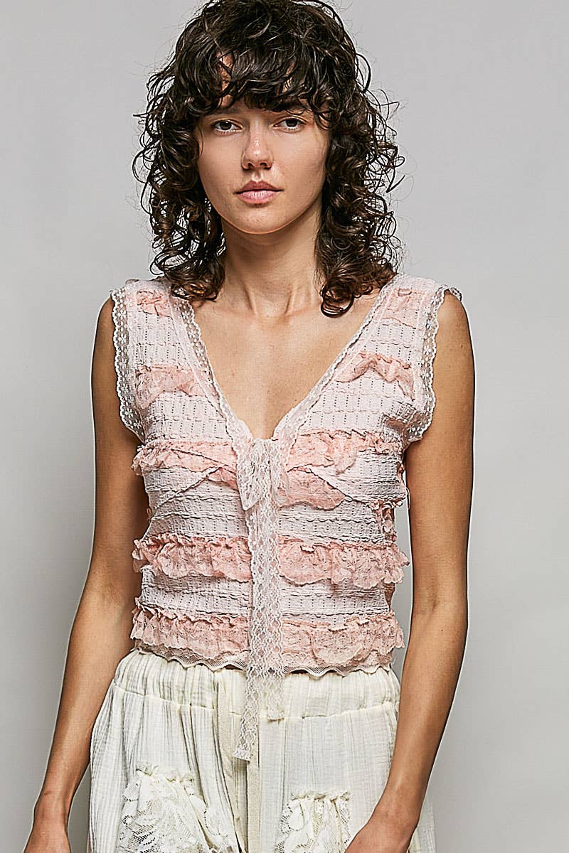 V-neck Sleeveless Cropped Woven Lace Top