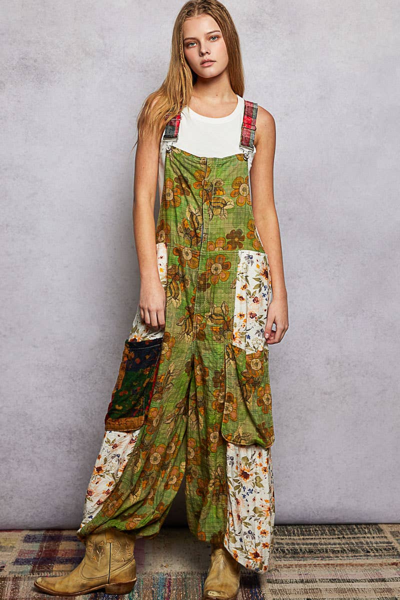 Boho Exaggerated Pocket Vintage Print Jogger Fit Overalls
