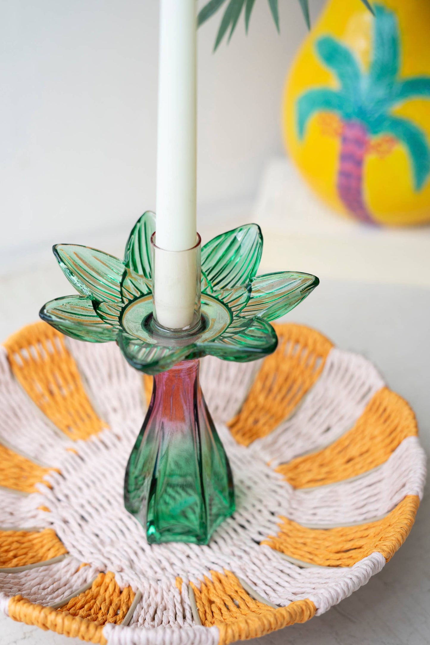 COLORED GLASS FLOWER TAPER CANDLE HOLDERS