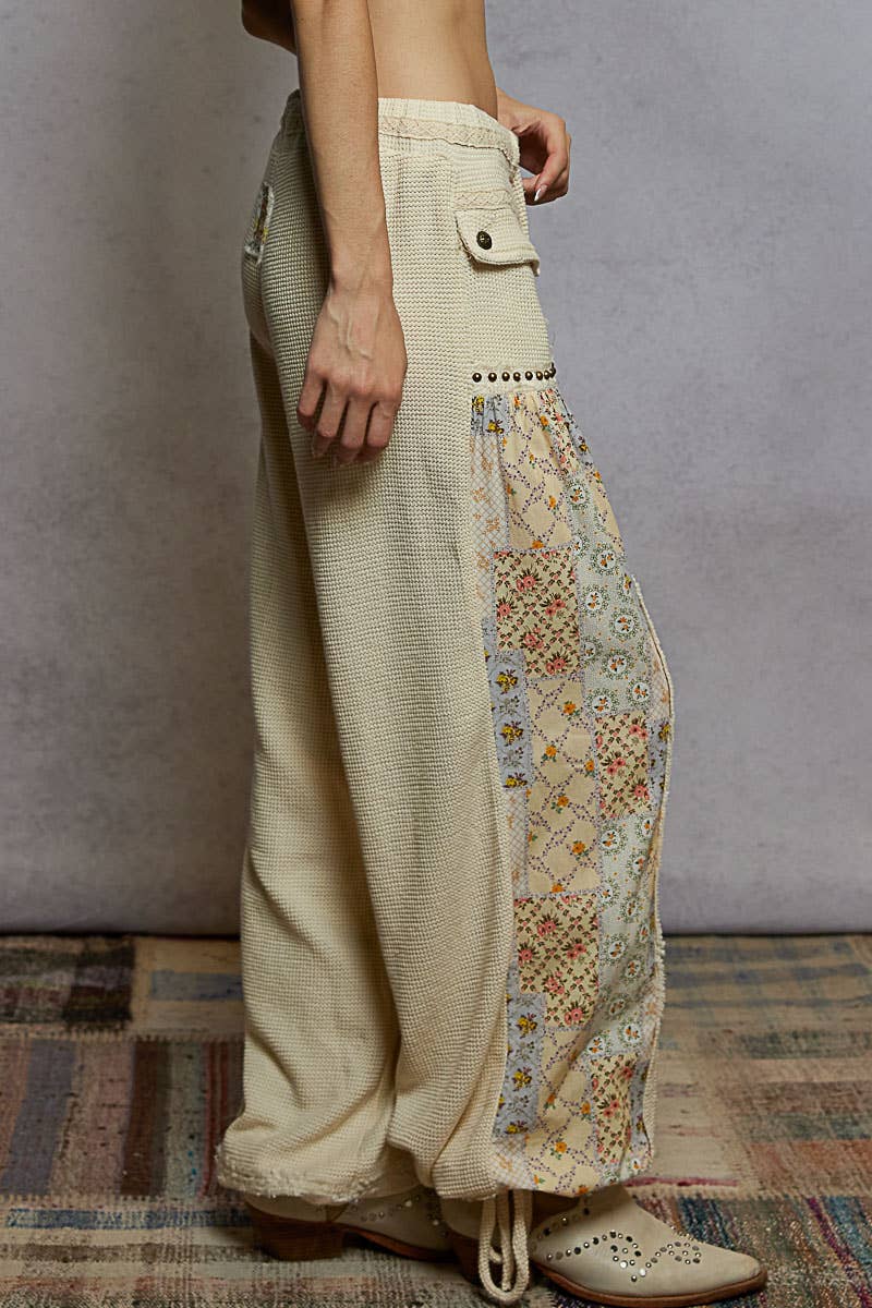 Elastic band floral print patch stud detail jogger pants: Pink or Sage