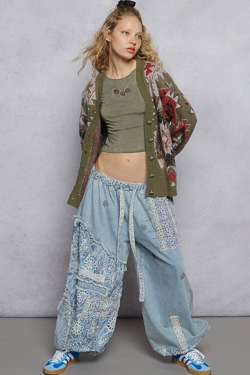 Floral print patchwork twill woven jogger pants