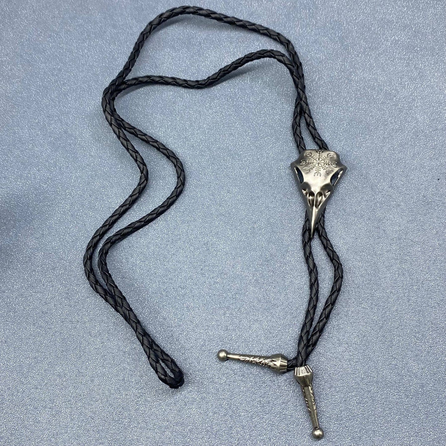Viking Crow Skull Charm Artificial Leather Poirot Rope Bolo Necklace