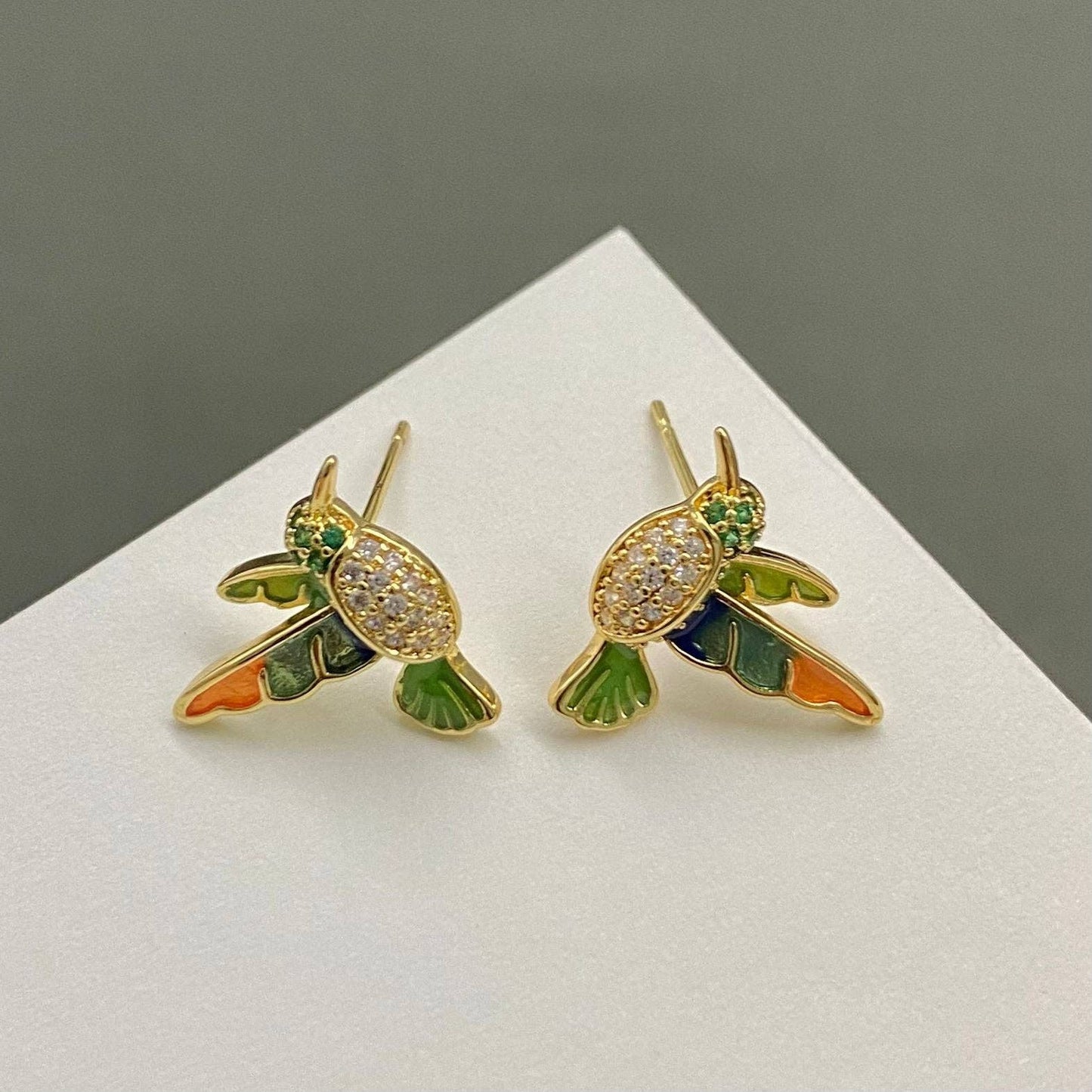 Rhinestone Enamel Hummingbird Ear Studs