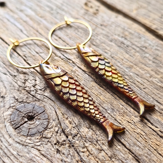 Boho 18k Gold Plated Fish Hoop Earrings – Detailed German Resin Charms
