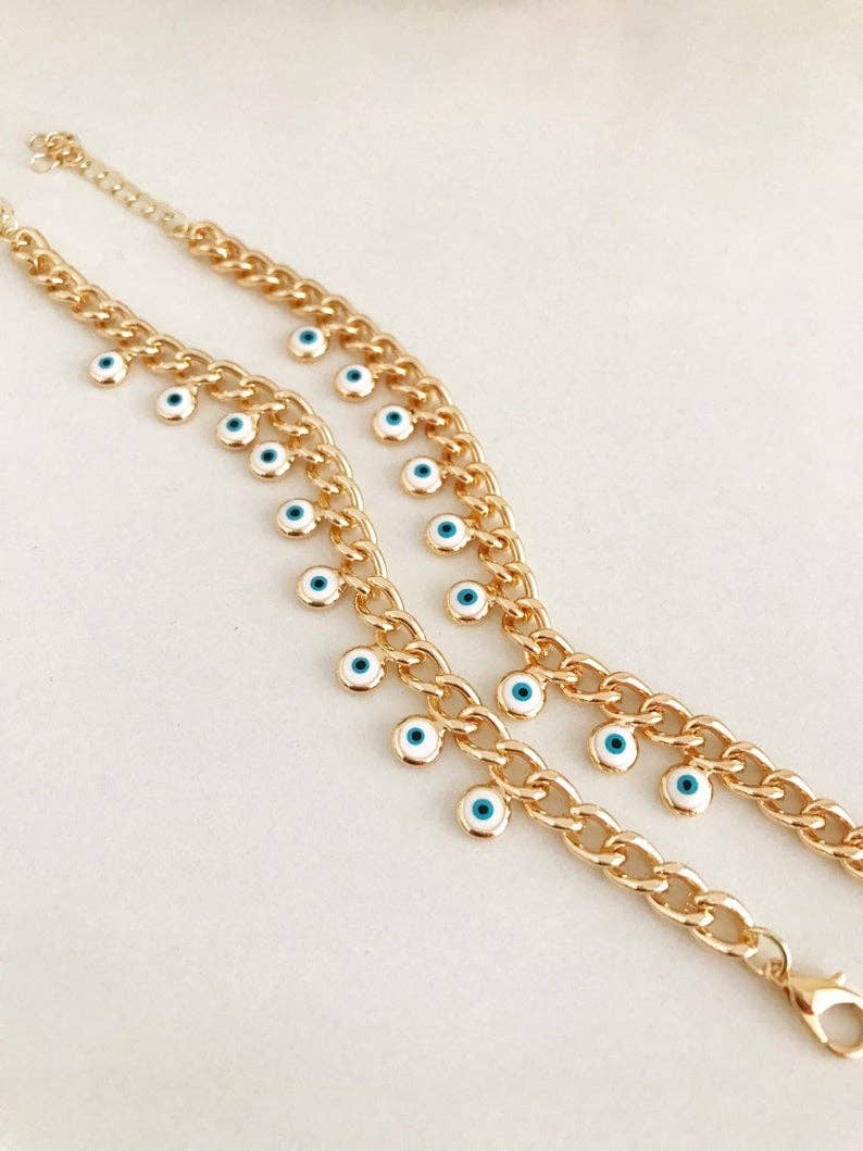 Evil Eye Gold Chain Bracelet, White Evil Eye Bead