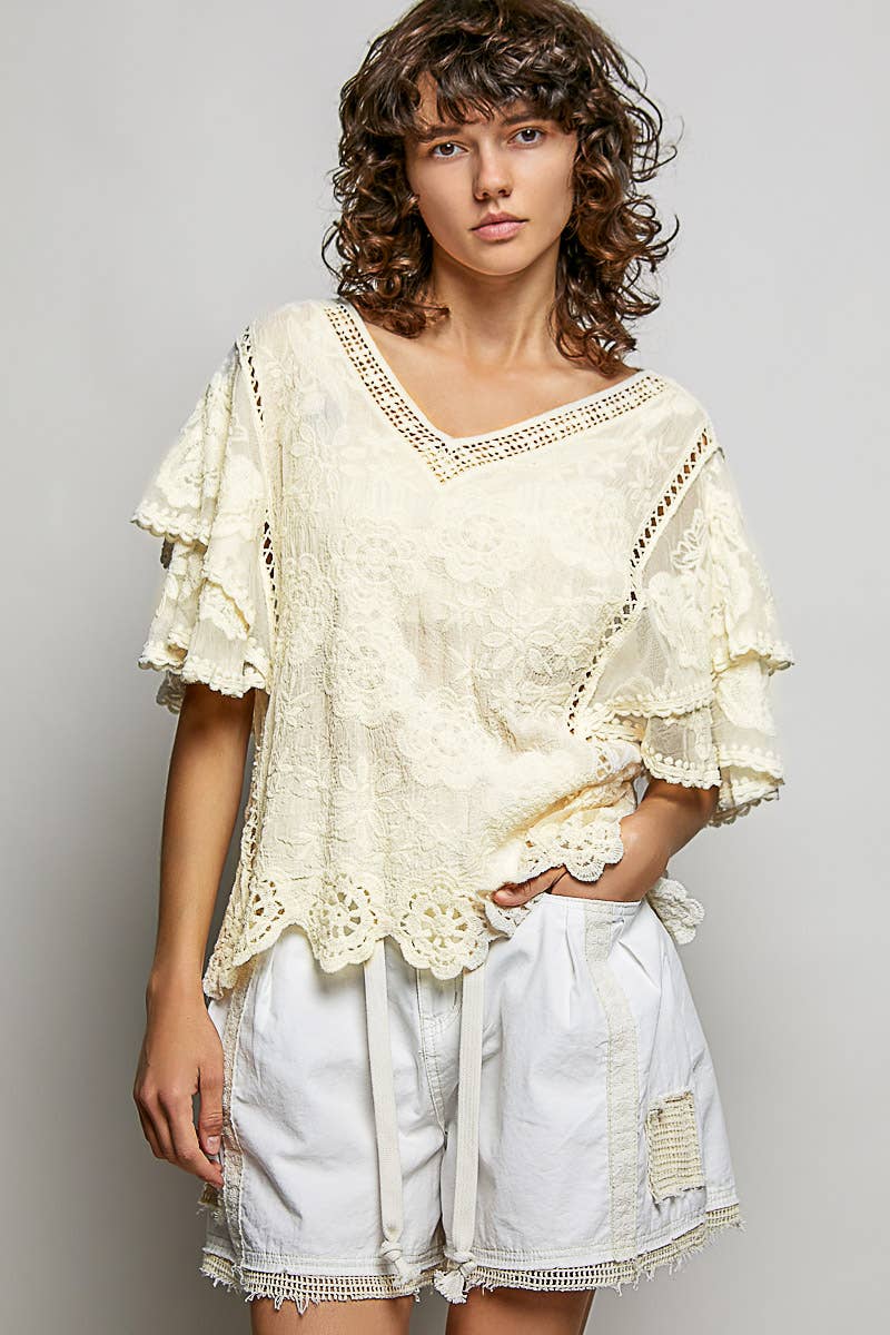 V-neck Short Sleeve Crochet Trim Solid Top
