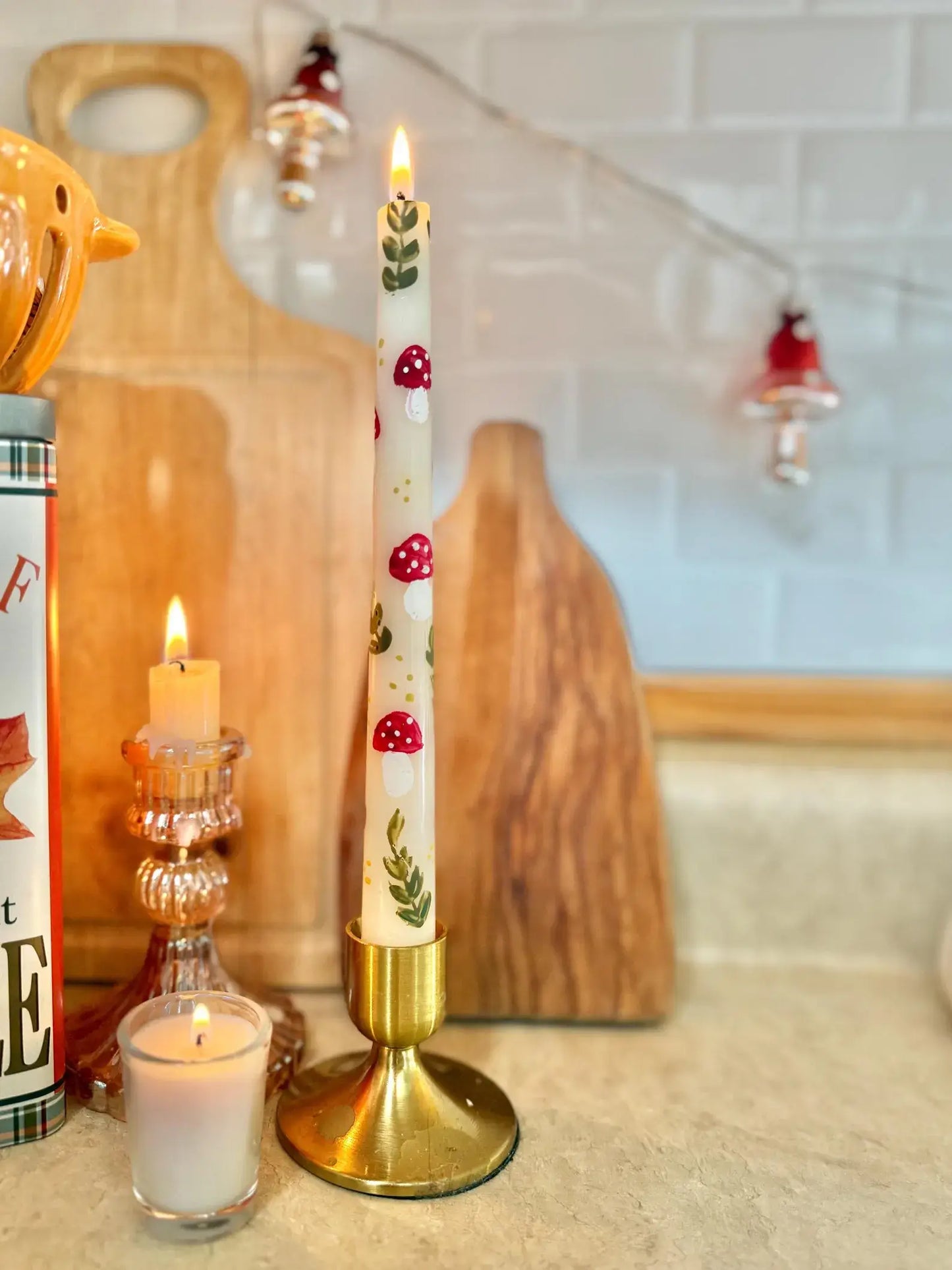 Hand Painted Taper Candle Set of TWO - Mushrooms